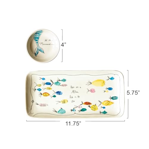 Creative Co-Op Coastal Stoneware Serving Platter and Dip Dish with Mermaid and Sea Life Illustrations, Multicolor - size: 11-3/4"L x 5-3/4"W