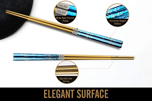 Metal Chopsticks Titanium Plated Stainless Steel Chopsticks Reusable Dishwasher safe Japanese Korean Chopstick lightweight Laser Engraved Anti-slip Chop sticks for Eating 2 Pairs Gift Set Blue Gold - color: Blue gold