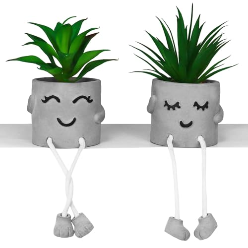 Zerzsy Faux Succulents in Cement Pots with Hanging Leg, Potted Mini Fake Plants for Desk Decor, Kitchen Shelf Decor, Office Decoration for Women, Bathroom Shelf Plants Decoration - Set of 2 - color: 2 Pcs Set/B