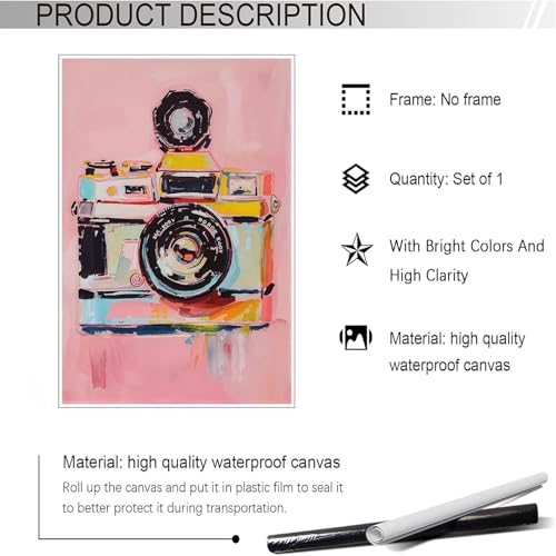 Trendy Camera Canvas Wall Art Funky Watercolor Camera Poster Preppy Photographer Gift Y2k Pink Room Aesthetic Prints Painting For Home Bedroom Dorm Apartment Wall Decor 16x24in Unframed - color: Multi 01 Unframed, size: 16L" x 24W"