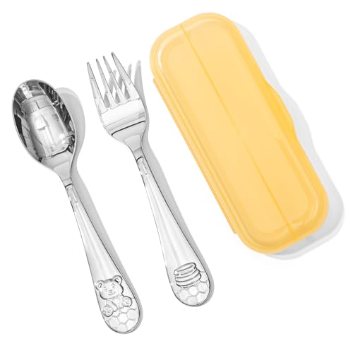 KINGSTONE 2 Pcs Toddler Utensils with Case, Stainless Steel, Honey Bear - color: Honey Bear, size: 2-Piece (Small)
