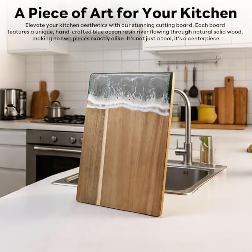 Ocean Resin Charcuterie Board, Acacia Wood & Resin Cutting Board, Decorative Serving Platter for Cheese, Fruit, Snacks, Beach Themed Kitchen Gift for Party, Holiday, Birthday（green） - color: Green