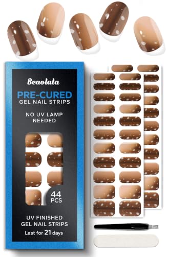 Real Gel Nail Strips (No UV Light Needed) - 44Pcs Salon Quality Nail Stickers - Long Lasting Polish Wraps for Women, Easy Apply & Remove (Mushroom Brown Splatter) - color: Mushroom Brown Splatter