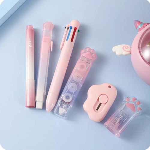 MOZXIRZ 9 Pcs Cute Pink Stationery Set Cat Paw School Supplies Kawaii Office Supplies Including Pens Pencil Sharpener Highlighter Eraser Correction Tape Ruler Utility Knife (Cat Paw-Pink) - color: Cat Paw-Pink