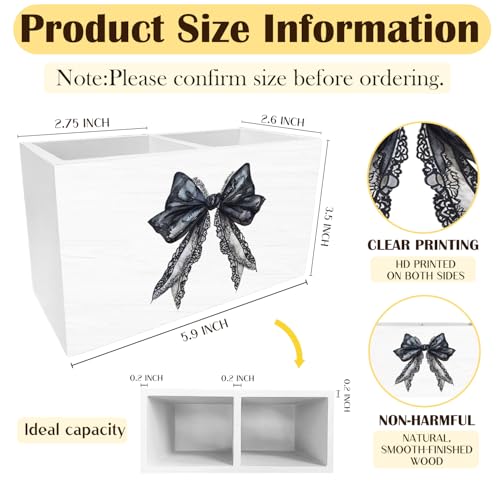 Coquette Black Lace Bow Pen Holder for Desk, Girly Preppy Room Decor Pencil Organizer, Black Ribbon Bow Wooden Box Sign Desk Decor for Girls Dorm Room Home Office Decoration - color: Black Lace Bow