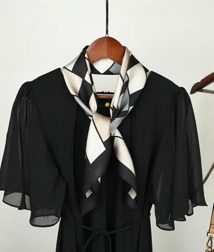 corciova Women’s Square Scarf 27.5 in (70 x 70 cm), Satin-Feel Polyester, Lightweight Fashion Scarf for Hair, Neck and Bag - color: Geometric (Black / Beige / Gray)