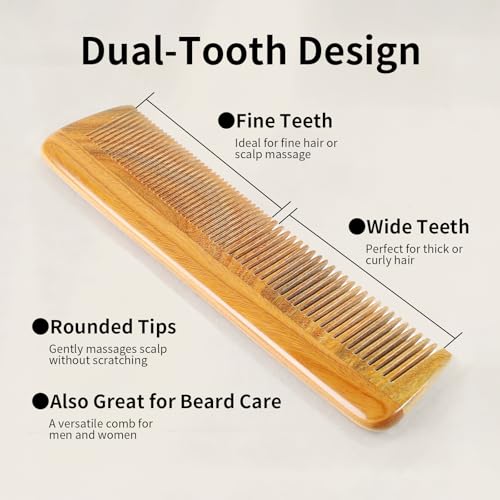Onedor Handmade 100% Natural Green Sandalwood Wooden Comb for Men Hair, Beard, and Mustache Styling Pocket Comb With Leather Case (Long) - size: Long, style: Long