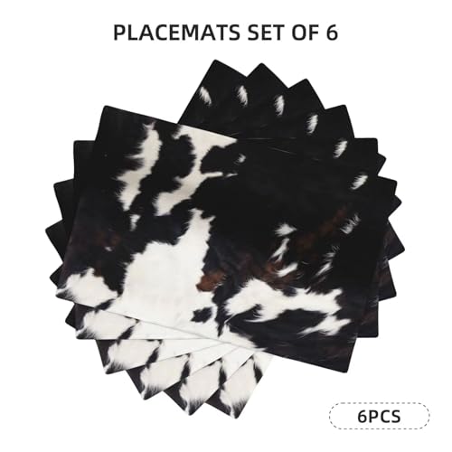 Cowhide Print Placemats Rectangle Linen Table Placemet Set of 6 - color: Black White Brown, size: Set of 6