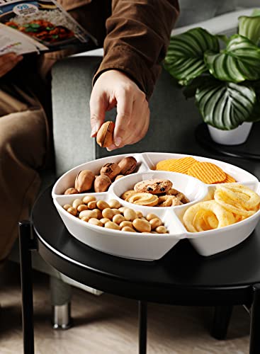 Sweese Porcelain Chip & Dip Serving Set - Divided Platter with 5 Compartments, Relish Tray for Snacks, Veggies, Candy - Durable, Microwave & Dishwasher Friendly - Elegant White Design for Parties