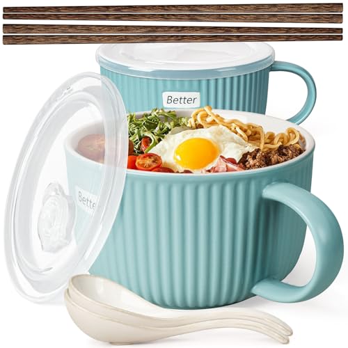 Artena 38 oz Soup Bowls with Handles, Lids, Spoons & Chopsticks – 6 Inch Large Microwave Safe Ceramic Ramen Bowls, Soup Mugs & Cereal Bowls for Instant Noodles, Oatmeal, Meal Prep (Teal-Set of 2) - color: Teal-Set of 2