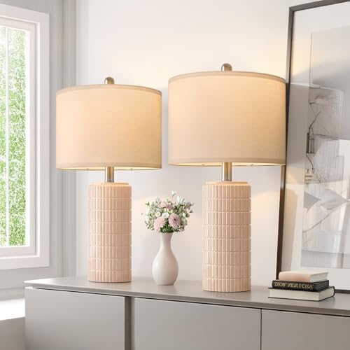 PoKat 23" Pink Ceramic Table Lamps Set of 2, Modern Bedroom Lamps for Girls Room, Bedside Lamps for Night Stands, Cute Lamps for Living Room Decor, Nightstands Desk Lamp, Pink - color: Pink