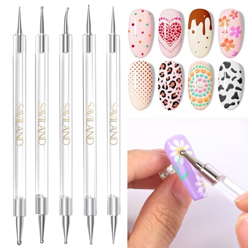 SAVILAND Quick-Paint Dotting Tools Nail Art Pen: 5PCS Multi-Size Nail Art Tools Double Ended Nail Design Kit for Dot Drawing Home Salon, Pattern Tracing Pen, Ball Embossing Pen for Transfer Paper - color: C-Black