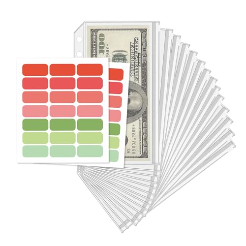 16 Pcs A6 Zippered Binder Envelope Pouches for 6-Ring Budget Cash System, Clear Inserts for Money Saving and Budgeting, With 42 Sticky Labels - size: A6