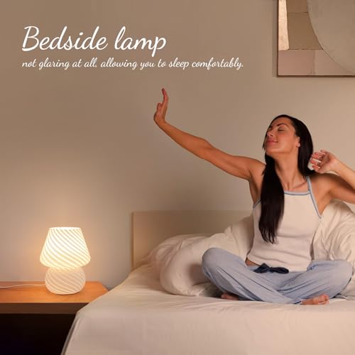 ONEWISH Mushroom Lamps Set of 2 - Small Bedside Table Lamp with Striped Glass, Nightstand Lamp for Bedroom, Living Room, Bulb Included(White) - color: white_2