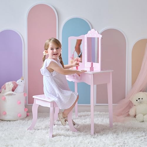 Teamson Kids Daisy Gisele Wood Play Vanity Set, Pink, Ages 3+ - color: Pink