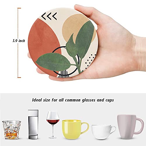 HUXJOKO Coasters for Drinks Set of 6,Modern Boho Tropical Leaves Absorbent Ceramic Coaster,Round Stone Mat,with Cork Base and Metal Holder for Coffee Table Room Bar Home Decor Housewarming Gifts - color: Boho Tropical Leaves, size: Round