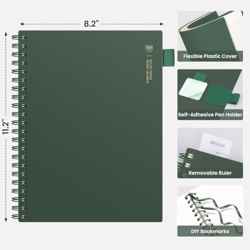 EMSHOI Lined Spiral Journal Notebook, 300 Pages, A4 Size (8.2'' x 11.2'') - color: DGreen, size: A4