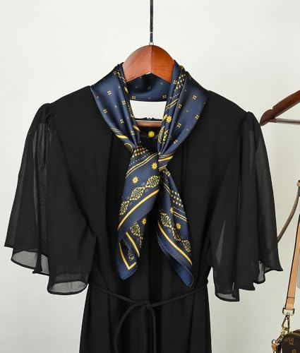corciova Women’s Square Scarf 27.5 in (70 x 70 cm), Satin-Feel Polyester, Lightweight Fashion Scarf for Hair, Neck and Bag - color: Paisley Border (Navy Blue and Gold)