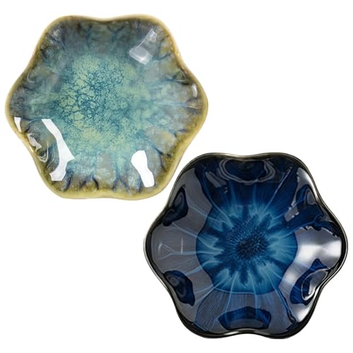 2Pcs Ceramic Jewelry Dish - Lotus Leaf Shape, for Ring Holder Necklace Small Key, Suitable for Mother Friend Sister, Gifts for Women, Cute Plate Trinket Tray, Home Decor (Crystal Green & Blue) - color: Crystal Green & Blue