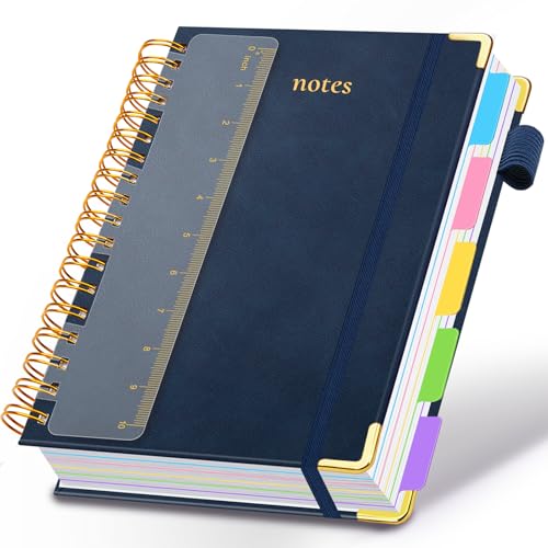 Hardcover Spiral Notebook 8.5"x11" Journal Notebook with Tabs and Removable Dividers 300 Pages 5 Subject Notebook College Ruled, Faux Leather Spiral Bound Notebook for Women School Work(Dark Blue) - color: Dark Blue, size: 8.5"x11"(A4)