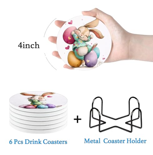 Nikyi 6 Pcs Easter Bunny Pink Heart Ceramic Absorbent Coasters, Spring Cute Rabbit Egg Drink Coaster with Metal Holder Cork Base, Perfect Easter Basket Stuffer, Coffee Table Kitchen Office & Gift - color: Easter Cute Bunny and Easter Eggs Pink Heart