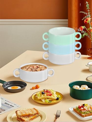 French Onion Soup Bowls with Handles, 12-Ounce Stackable Soup Crocks, Ceramic Soup Bowls Dishwasher, Oven, Microwave Safe, Large Ramekins Bowls Set of 4 (Moon White) - color: Moon White