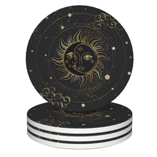 Coasters for Drinks,Golden Sun Moon Boho Absorbent Coaster Set of 4 with Cork Base,Ceramic Drink Coasters for Cold Drinks Wine Glasses Cups Mugs,Housewarming Gifts for Home Decor - color: Golden Sun Moon Boho