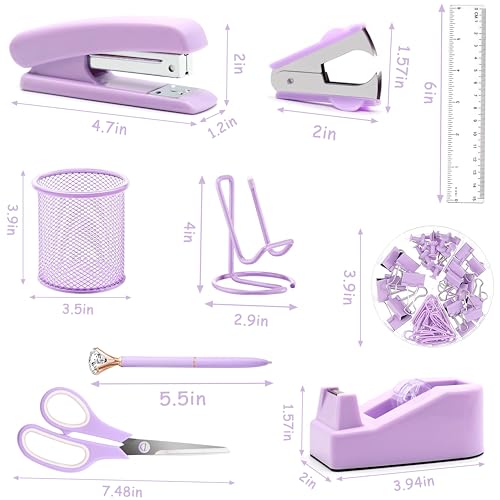 Purple Office Supplies - Purple Desk Accessories: Stapler, Staple Remover, Tape and Pen Holders, Ballpoint Pens, Scissors, Binder Clips, 1000 Staples, Phone and Ruler, Transparent Glue, Notes - color: Purple