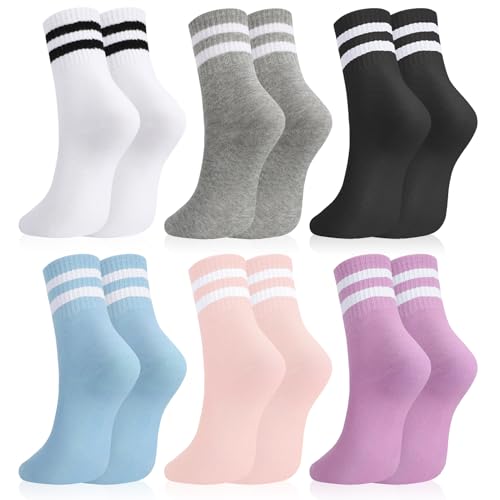 Womens White Crew Socks 6 Pair Striped Trim Casual Crew Socks - color: Blue, Purple, White, Black, Gray, Light Pink