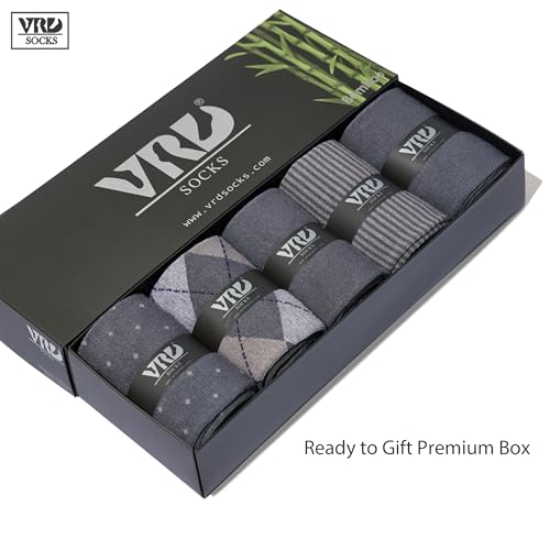 VRD Men's Dress Socks Bamboo Rayon, 5-Pack Crew Socks, Multiple Colors and Designs, Shoe Size 8-13, Gift Box - color: 03: Grey, 5-pack Mix (2 Solid, 1 Striped, 1 Dotted, 1 Argyle)