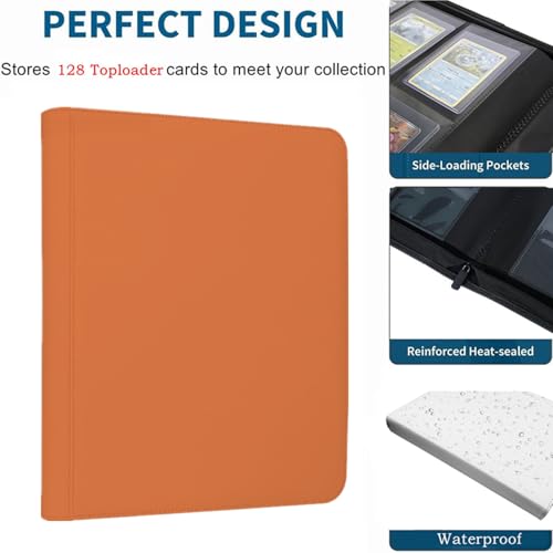 Toploader Binder,4-Pocket Double Sided Top Loaders Binder,Holds 128 Cards in 3"x4" Toploaders,PU Leather Card Binder Abulm for Toploader Trading,Sports,and Gaming Cards (Orange) - color: Orange