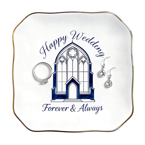 Happy Wedding Jewelry Dish, Forever & Always Ceramic Ring Holder Tray, Wedding Bridal Shower Gift for Bride Couple, Trinket Tray for Rings Earrings Necklaces - style: Happy Wedding