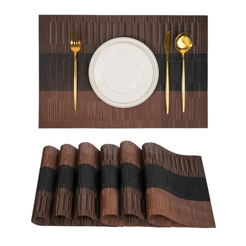 Placemats Set of 6，Non-Slip PVC Weave Table Mats Easy to Clean，Heat Resistant Place Mats for Kitchen Dining Table Decoration Indoor Outdoor，Black Brown - color: Black Brown
