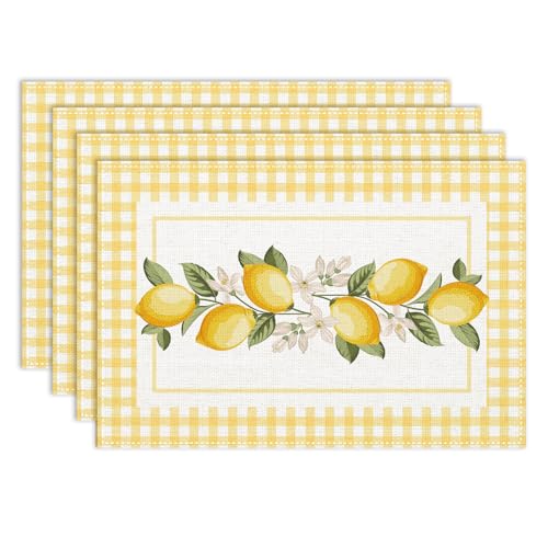Yellow Lemon Buffalo Plaid Floral Placemats Set of 4, 12x18 Inch - color: Lemon05, size: 4pcs