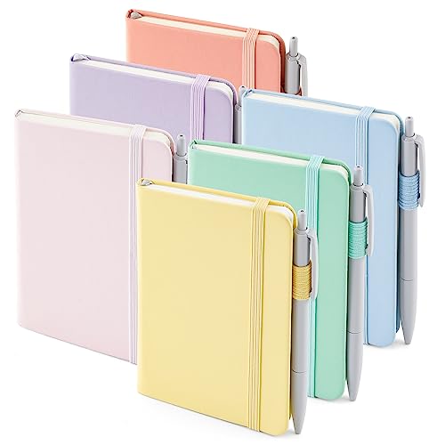 feela 6 Pack Pocket Small Notebooks Bulk, Mini Cute Memo Notepads Hardcover College Ruled Lined Journals with Pen Holder for Women Girls Office School, with 6 Black Pens, 3.5”x 5.5”, A6, Pastel Colors - color: 6 Pastel Colors