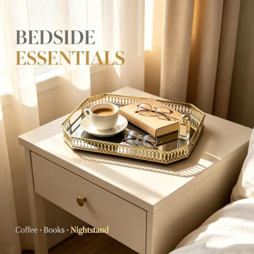 Gold Mirror Decorative Tray, Octagonal Metal Vanity Tray with Tempered Glass Base, 13.78”×9.84”×1.97”, Luxury Perfume Jewelry Organizer Tray for Dresser, Bathroom, Coffee Table - size: 13.8" x 9.8" x 2"