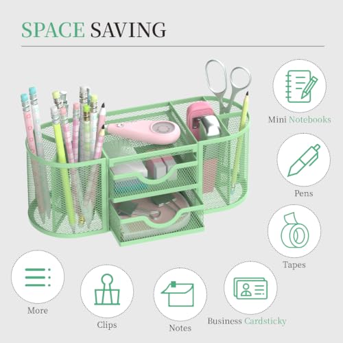 SUPEASY Mesh Desk Organizer, Pen Holder for Desk with 2 Drawers, MintGreen - color: Mint Green