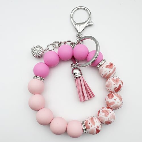 Unpafcxddyig Silicone Bead Keychain Bracelet Wristlet Key Ring - color: Rainbow Pink Rose