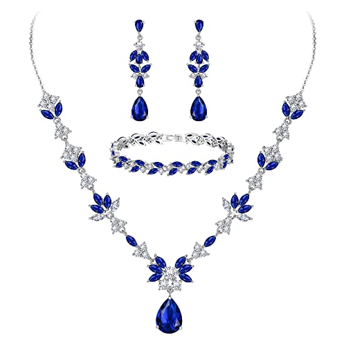 BriLove Wedding Jewelry Set for Women, Y-Necklace Tennis Bracelet Dangle Earrings with AAA Cubic Zirconia Teardrop for Bridal Bridesmaid - color: Sapphire Color Silver-Tone