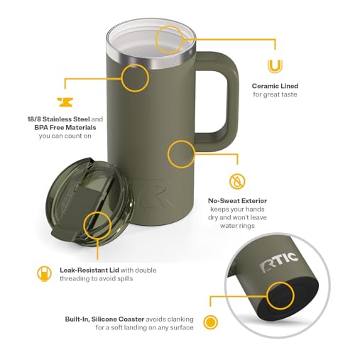 RTIC 16oz Road Trip Travel Mug with Lid and Handle, Ceramic Lined, Olive - color: Olive, size: 16 Ounces