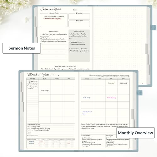 SUNEE Christian Bible Study & Prayer Journal – Undated 6-Month Scripture Notebook for Daily Devotional & Faith Growth, Meaningful Religious Gift for Women, Men, Pastor or Graduation (Grey Blue) - color: Grey Blue