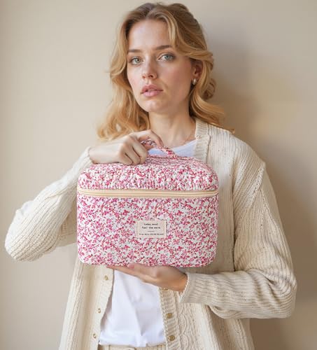 HBselect Quilted Makeup Bag, 3Pcs Cotton Large Travel Makeup Bags Organizer - color: A-3PCS-Floral 20