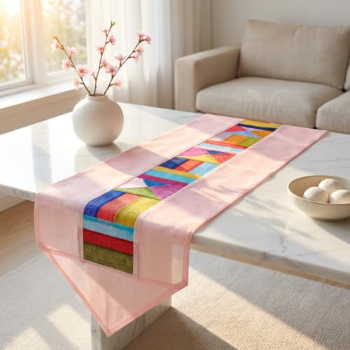Korean Table Runner, Ramie Bojagi Patchwork, Pastel Pink, 79 in - color: Pastel Pink