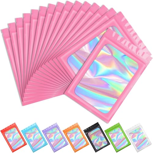 Funfery 100pcs Pink Mylar Holographic Bag-Resealable Zipper&Clear Window - color: Pink, size: 7 x 10 Inch