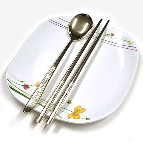 GARASANI Korean Traditional Spoon and Chopsticks Gold Titanium Plated Stainless Steel Cutlery (Gold Longevity) - color: Gold Longevity