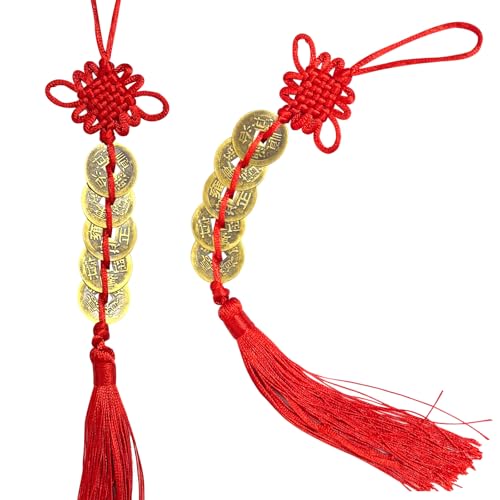 Feng Shui Good Luck Charms, Red Knot Wall Hanging for Car,House,Office, Backpack, Key Chain, Wealth and Success Five Emperor Money(5coins) - 2pcs - color: Chinese Knot Five Emperor Coins Ornament 2pcs
