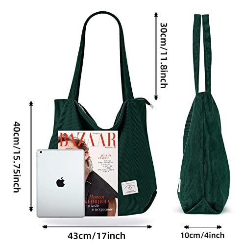 KALIDI Women Corduroy Tote Bag Zipper Casual Tote's Handbag Big Capacity Shoulder Bag with Pockets - color: Dark Green