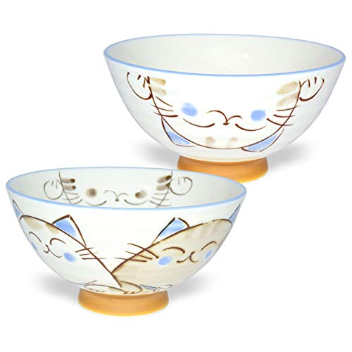 Japanese Rice Bowl Chawan set of 2 4.6" Cat Design MIKE Blue - color: Blue