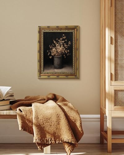 Vodefoad Vintage Floral Gold Framed Wall Art, Moody Fall Dried Flowers Vase Wall Painting, Retro Rustic Botonical Still Life Fall Wall Decor, Dark Moody Wall Art, Antique Still Life Wall Art Artwork Pictures for Gallery Bedroom Kitchen Office Living Room