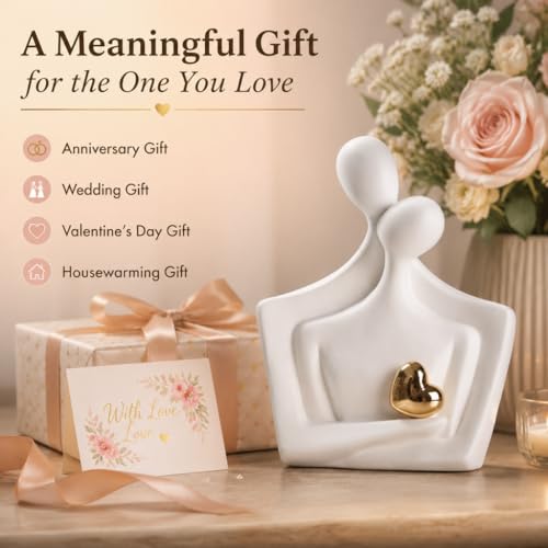 Ceramic Hugging Couple Statue with Gold Heart - Lover Figurine Home Decor Aesthetic, Romantic Gift for Her on Wedding Anniversaries and Valentine's Day Decor for Living Room Bedroom Shelf - size: Hug L-7.5in